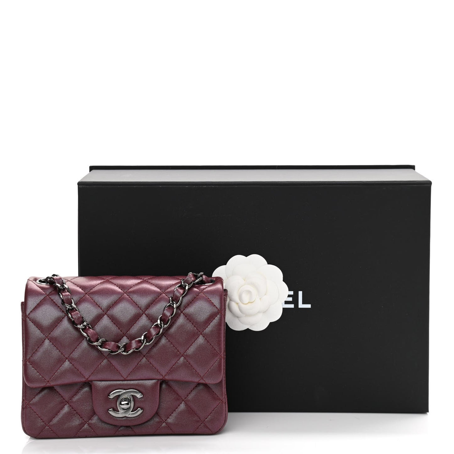 Iridescent Lambskin Quilted Mini Square Flap Burgundy