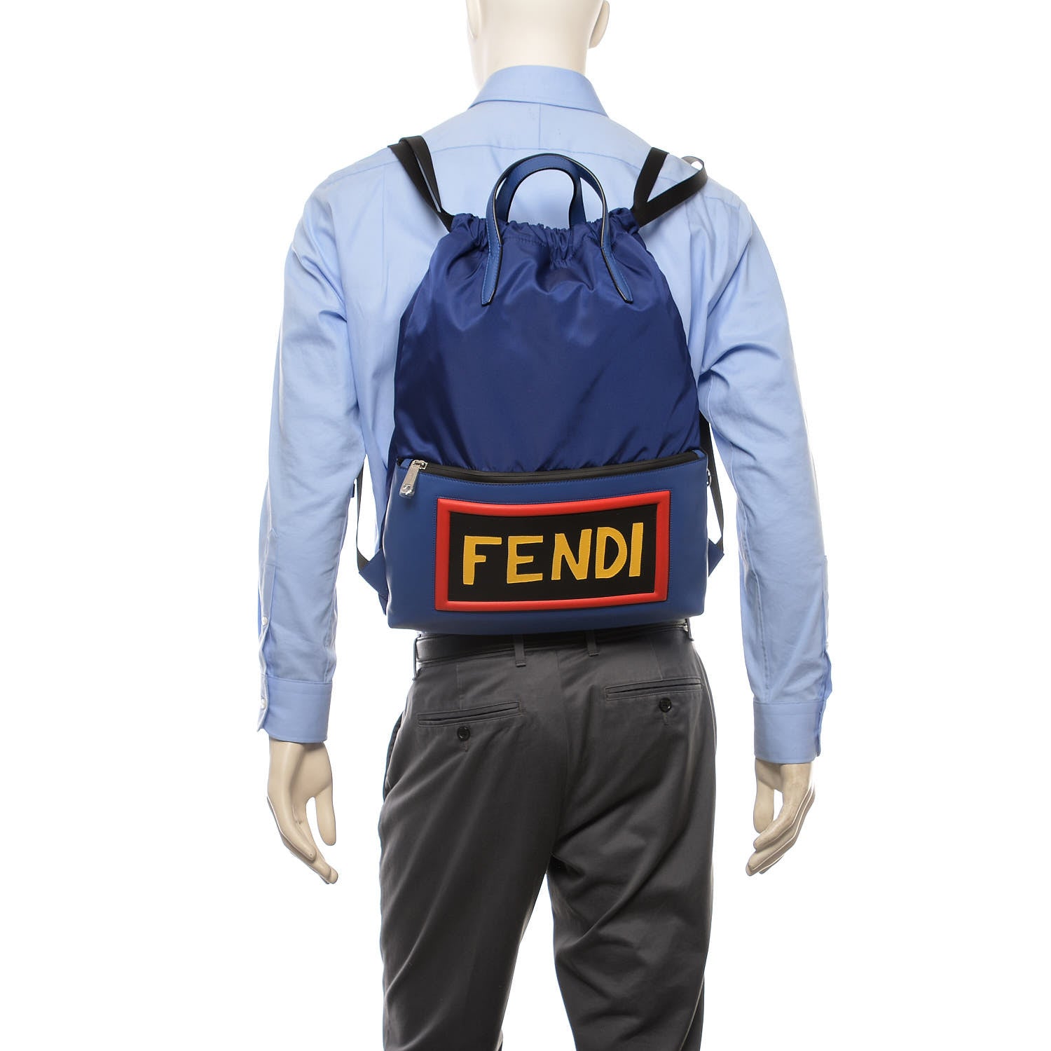 Fendi Nylon Vitello Century Vocabulary Drawstring Backpack Blue Cobalto Blue Neon Sunflower 2 of 11