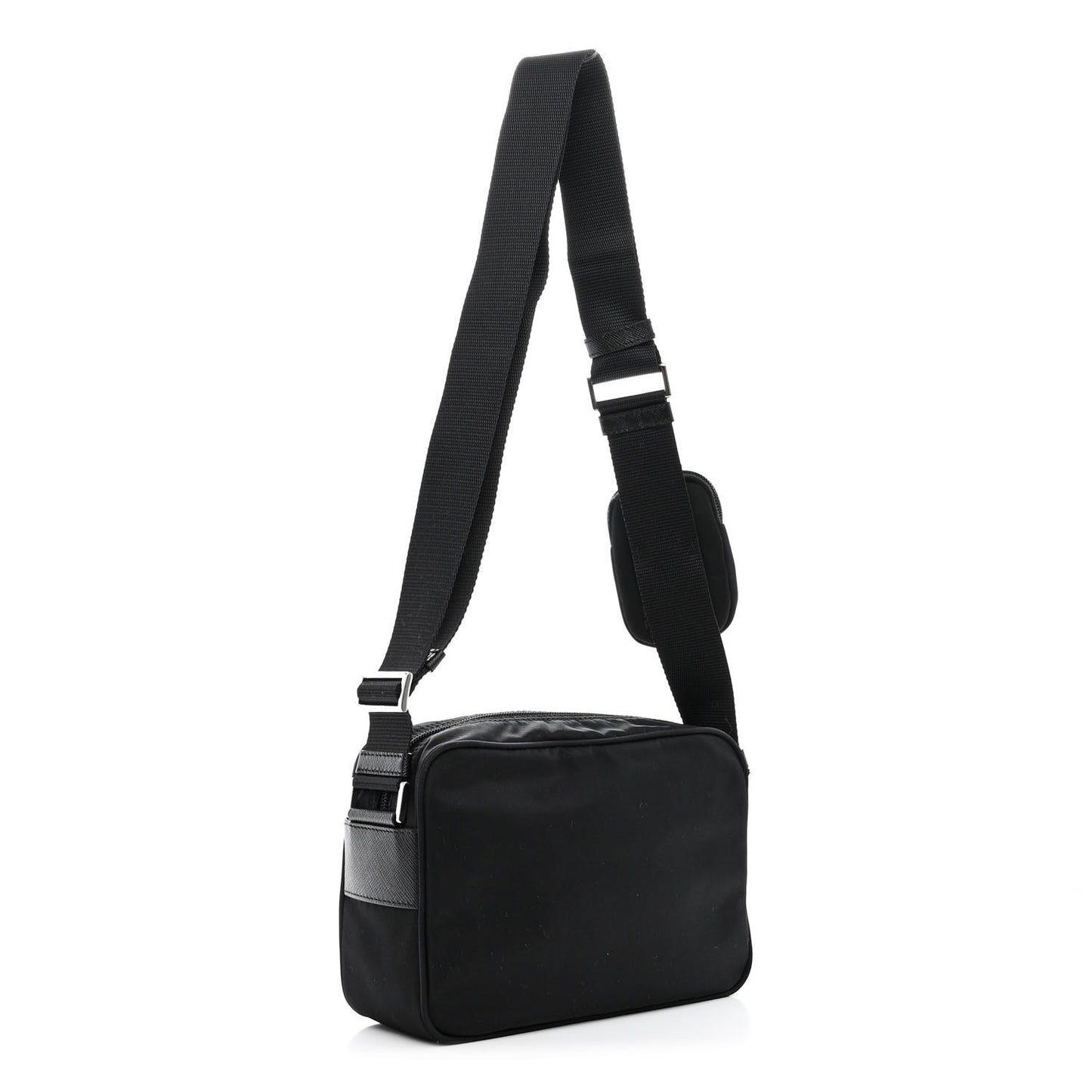 Re-Nylon Vela Saffiano Pocket Double Zip Shoulder Bag Black