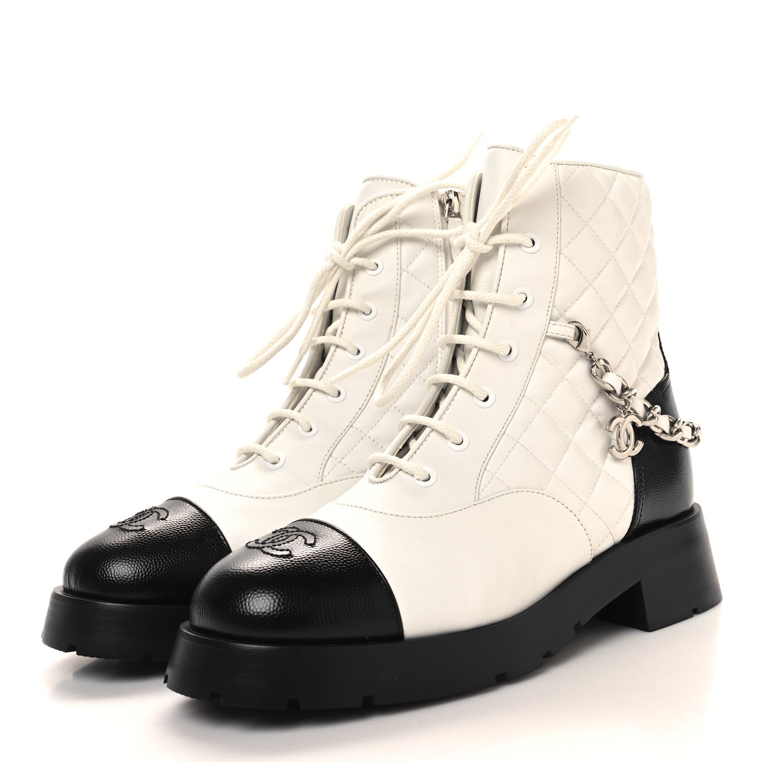 Chanel Caviar Calfskin Quilted Chain Lace Up Combat Boots 39.5 White Black 3 of 8