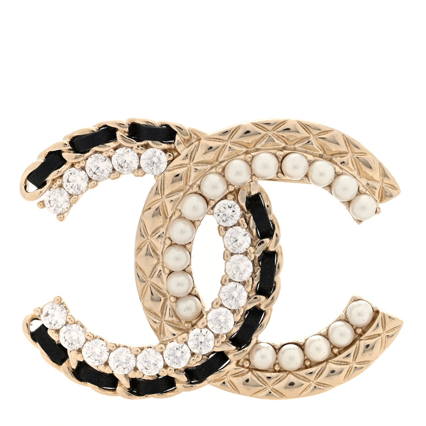 Lambskin Pearl Crystal Quilted CC Brooch Black Gold Black