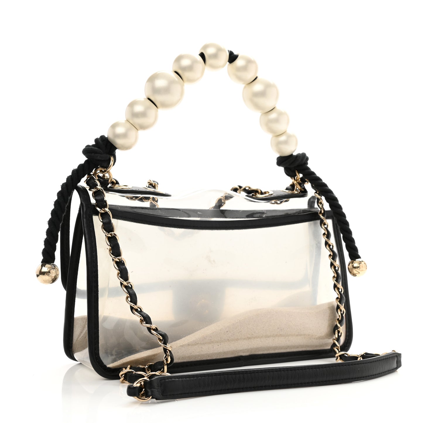 Lambskin PVC Sand By The Sea Flap With Pearl Strap Black