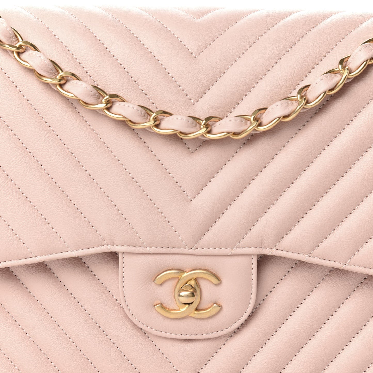 Calfskin Chevron Quilted Jumbo Double Flap Light Pink