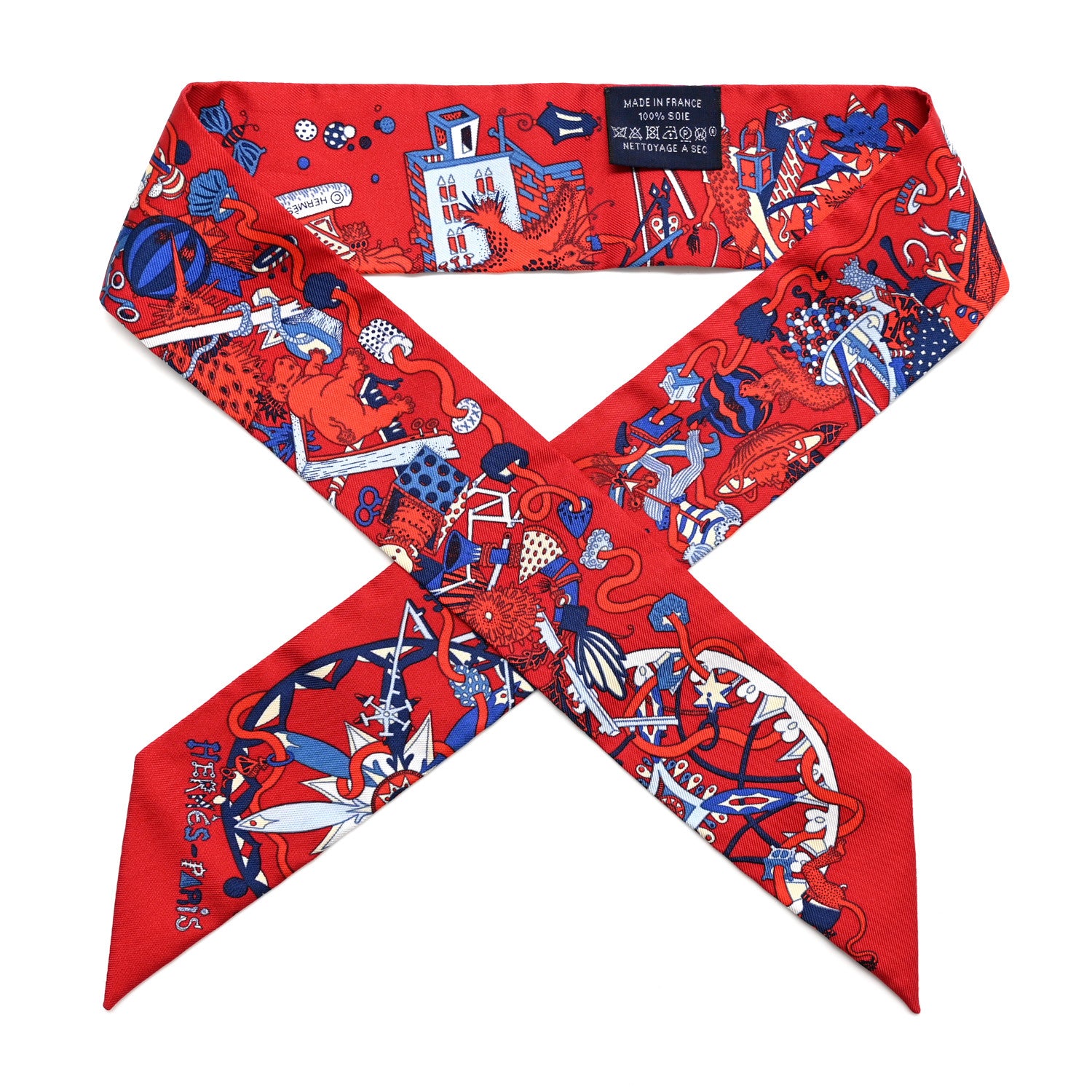 Hermes Silk La Folle Parade Twilly Rouge Bleu White 1 of 4