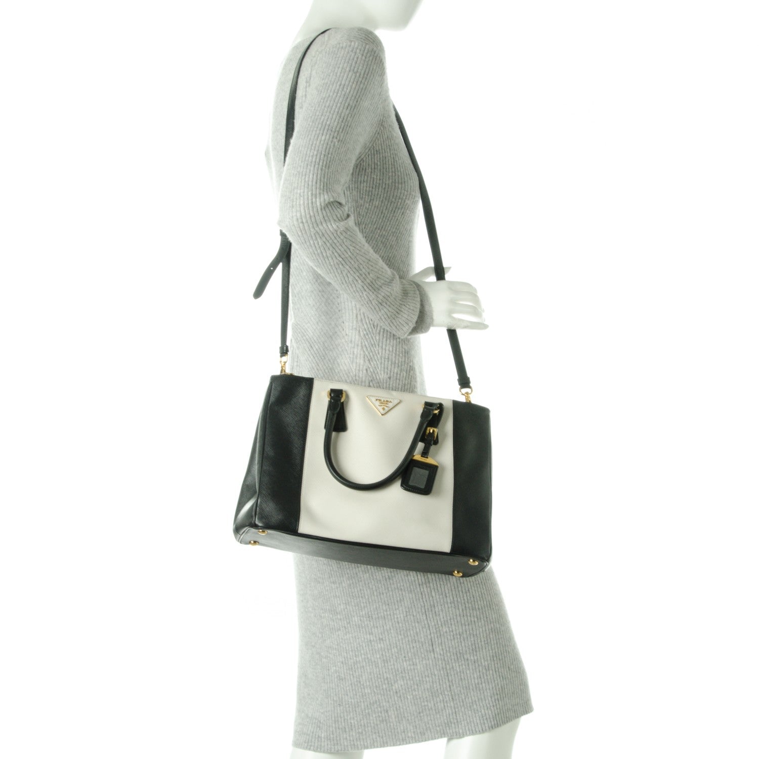 Prada Saffiano Lux Colorblock Medium Galleria Double Zip Tote Black Talco 3 of 8
