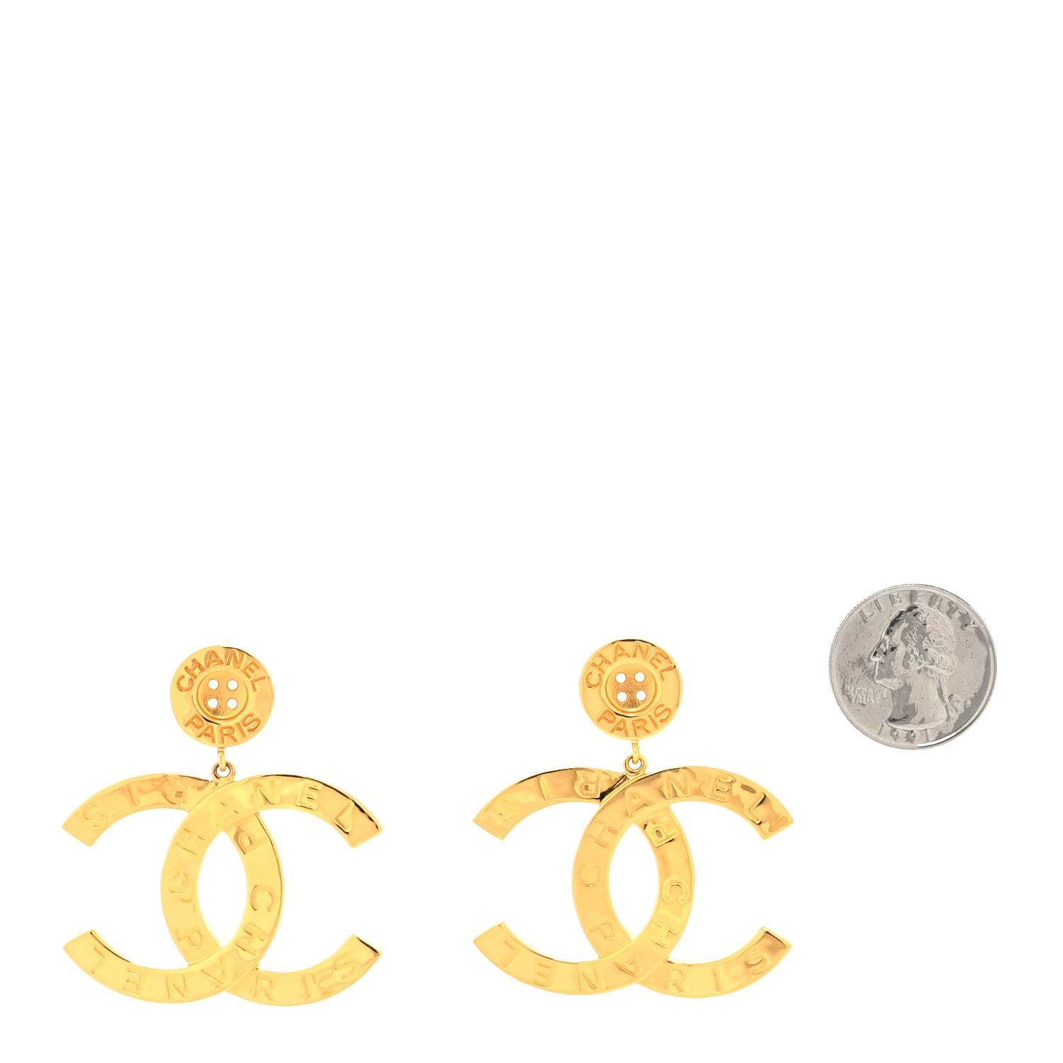 Chanel Metal Large Paris Button Earrings Gold 2 of 4