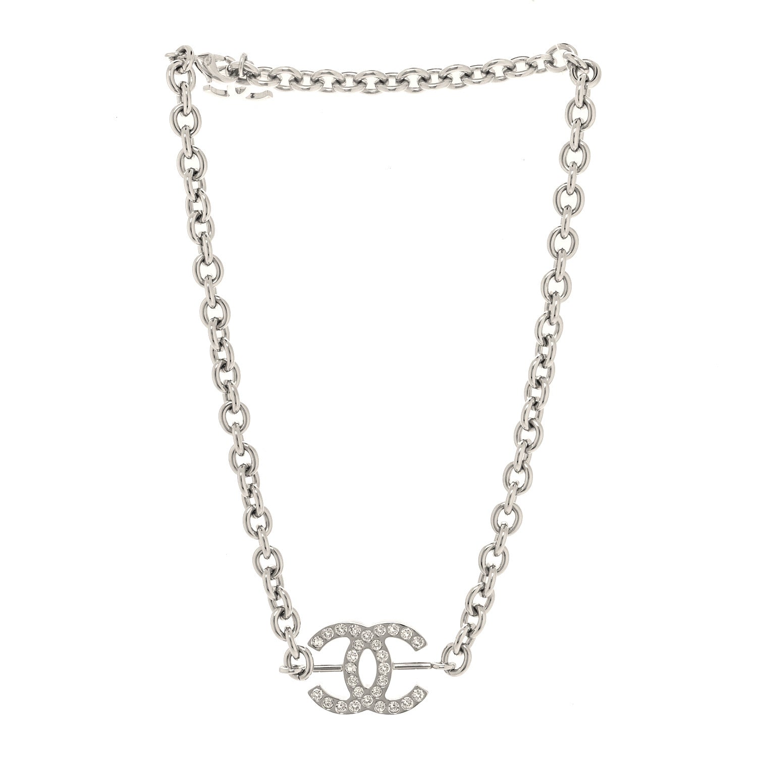 Chanel Metal Strass Chain Link Necklace Silver 3 of 5