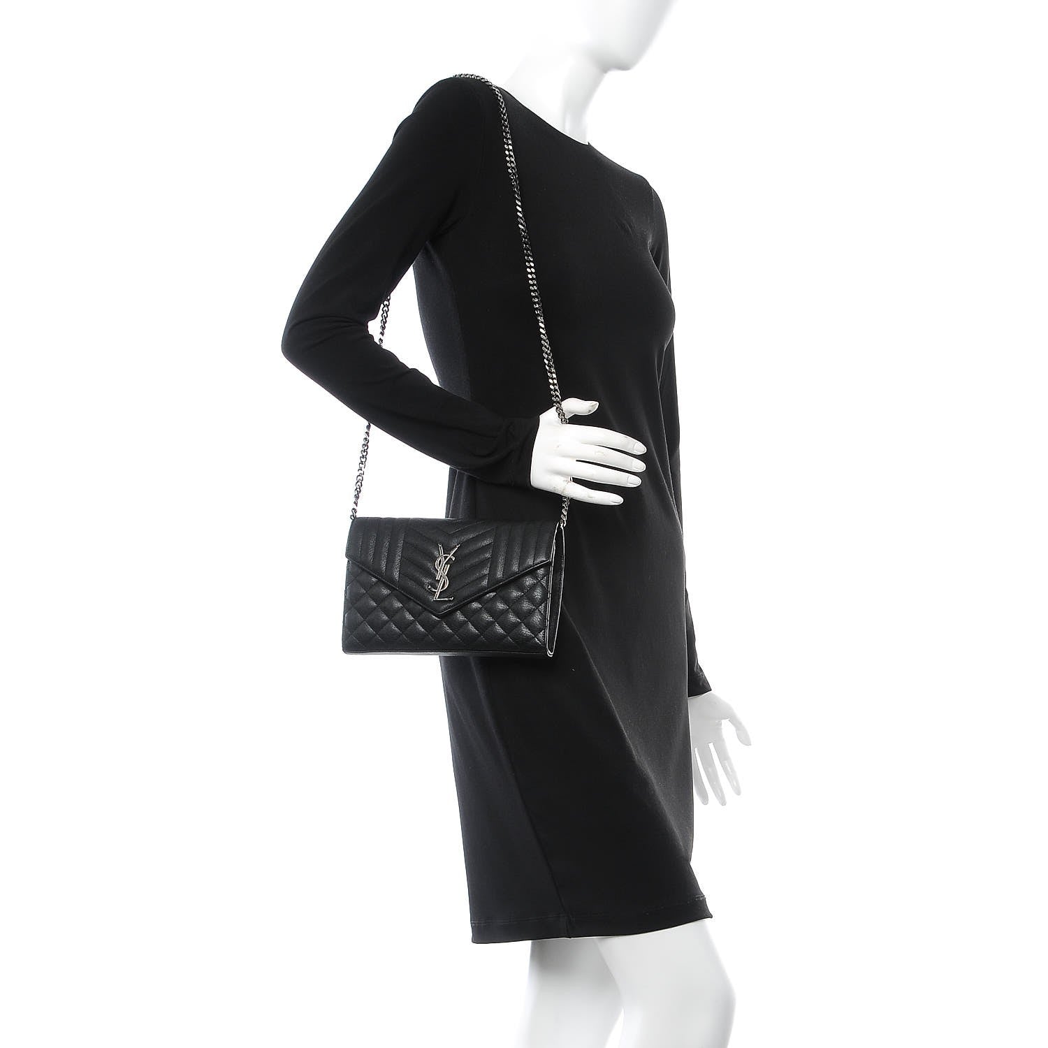 Saint Laurent Sheepskin Tri-Quilt Monogram Envelope Chain Wallet Black 2 of 10