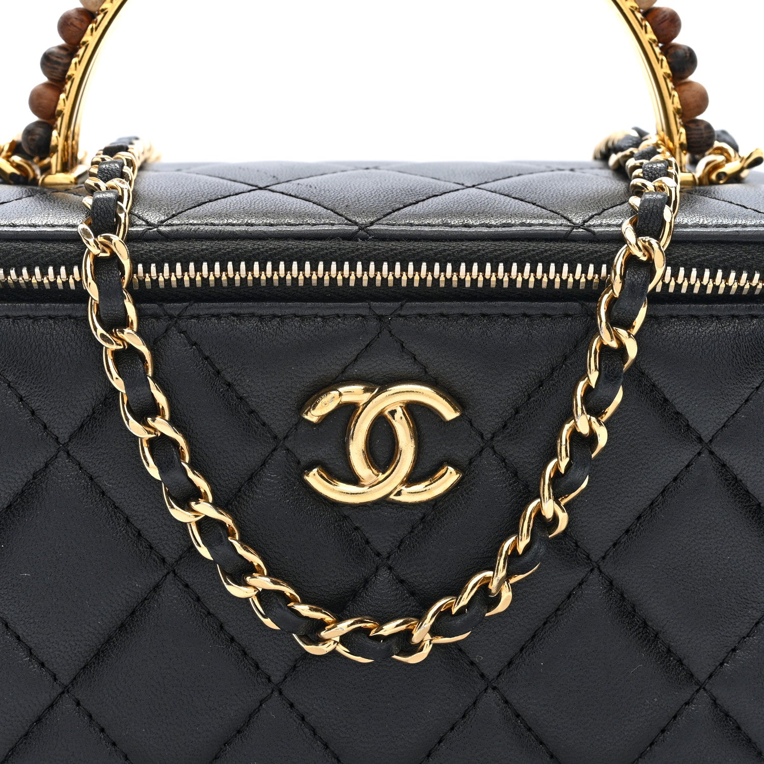 Chanel Shiny Lambskin Quilted Small Metal Wood Top Handle Vanity Case With Chain Black 9 of 11