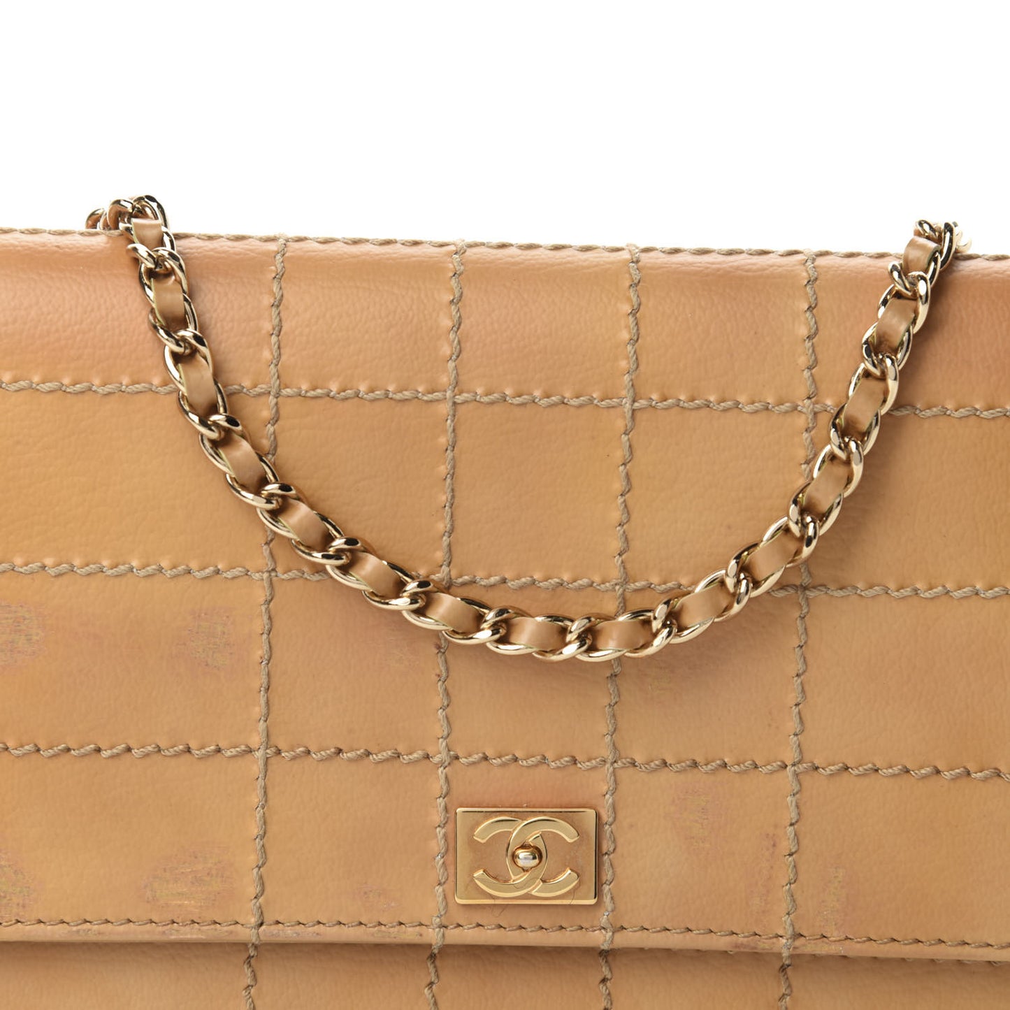 Calfskin Stitched Square Quilted Wallet On Chain WOC Beige