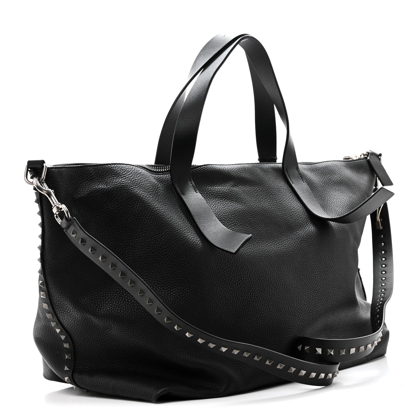 Grained Calfskin Rockstud Travel Tote Bag Black