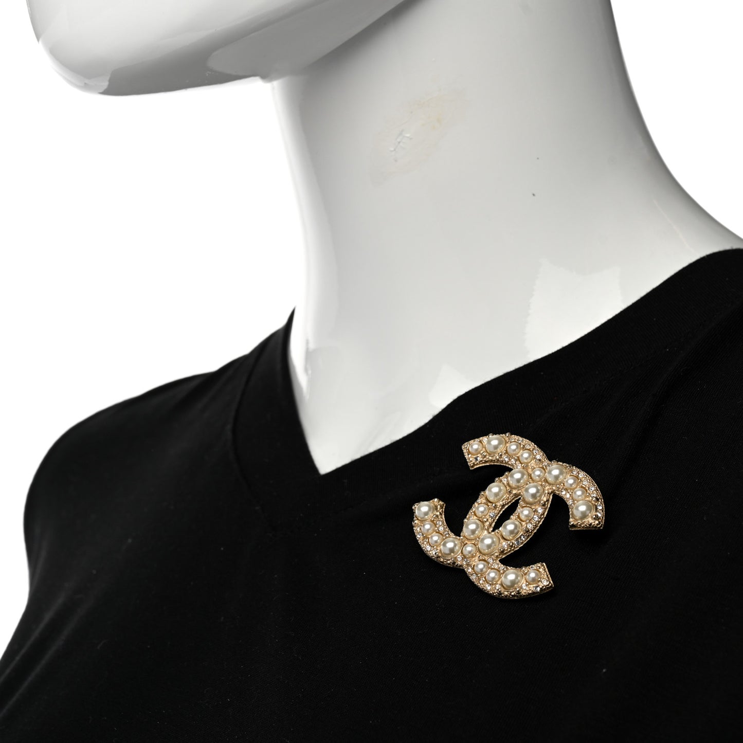 Graduated Pearl Crystal CC Brooch Gold