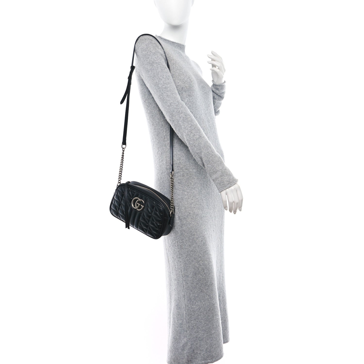 Gucci Calfskin Matelasse Aria Small GG Marmont Chain Shoulder Bag Black 2 of 9