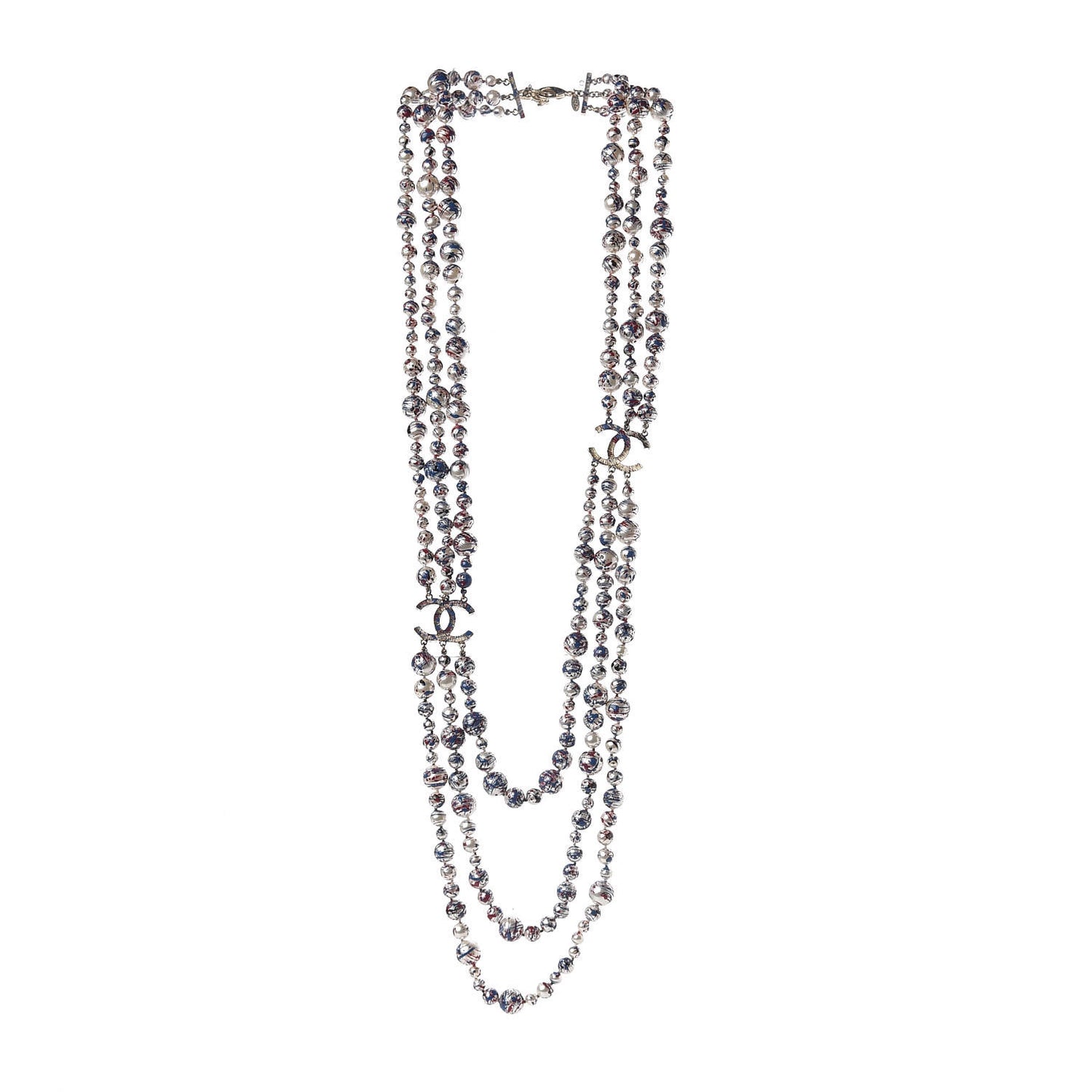 Painted Pearl CC Long Multi Strand Necklace Gold Black Red Blue