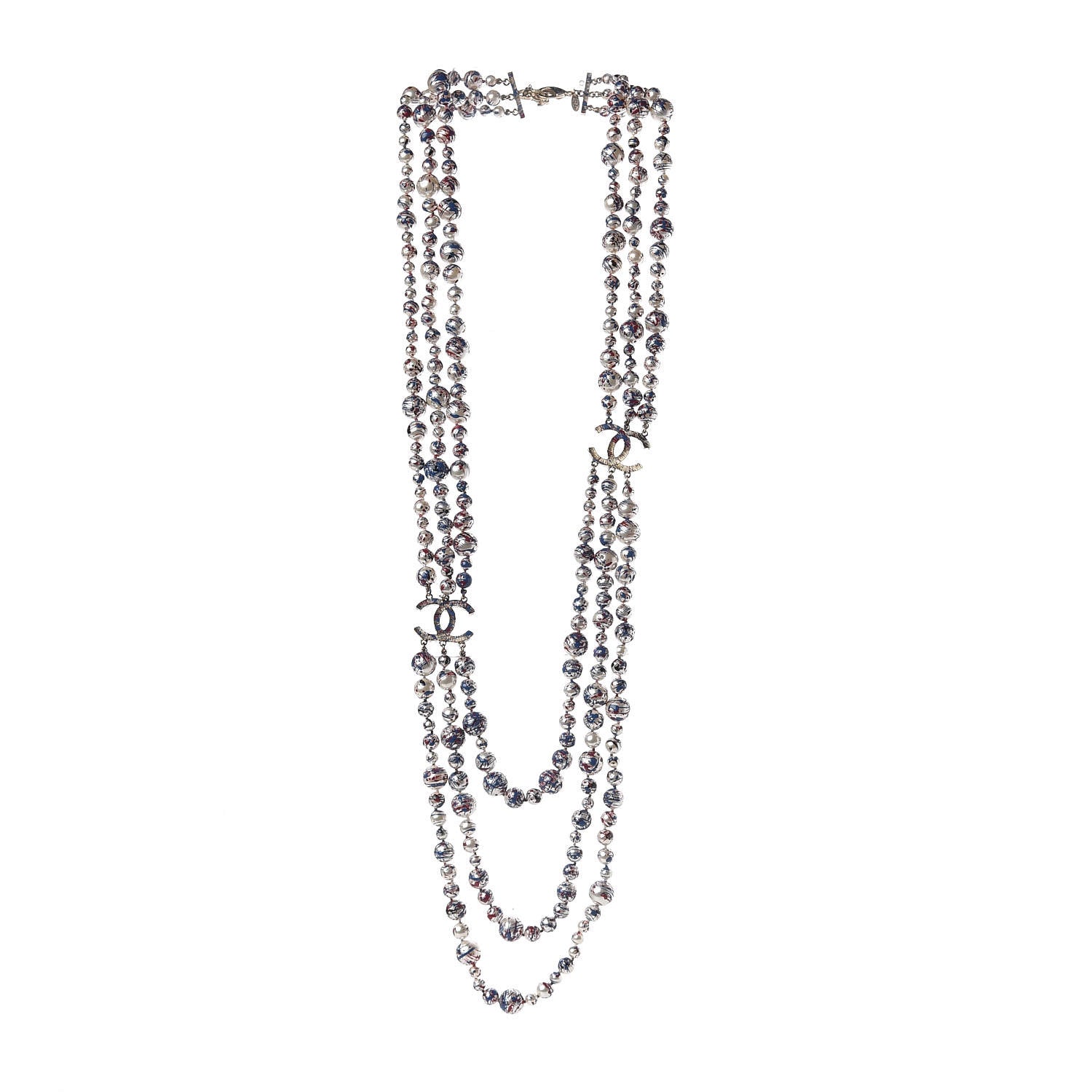 Chanel Painted Pearl CC Long Multi Strand Necklace Gold Black Red Blue 3 of 6