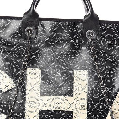 Chanel Coated Canvas Camellia Medium Shopping Tote Black Beige 8 of 11