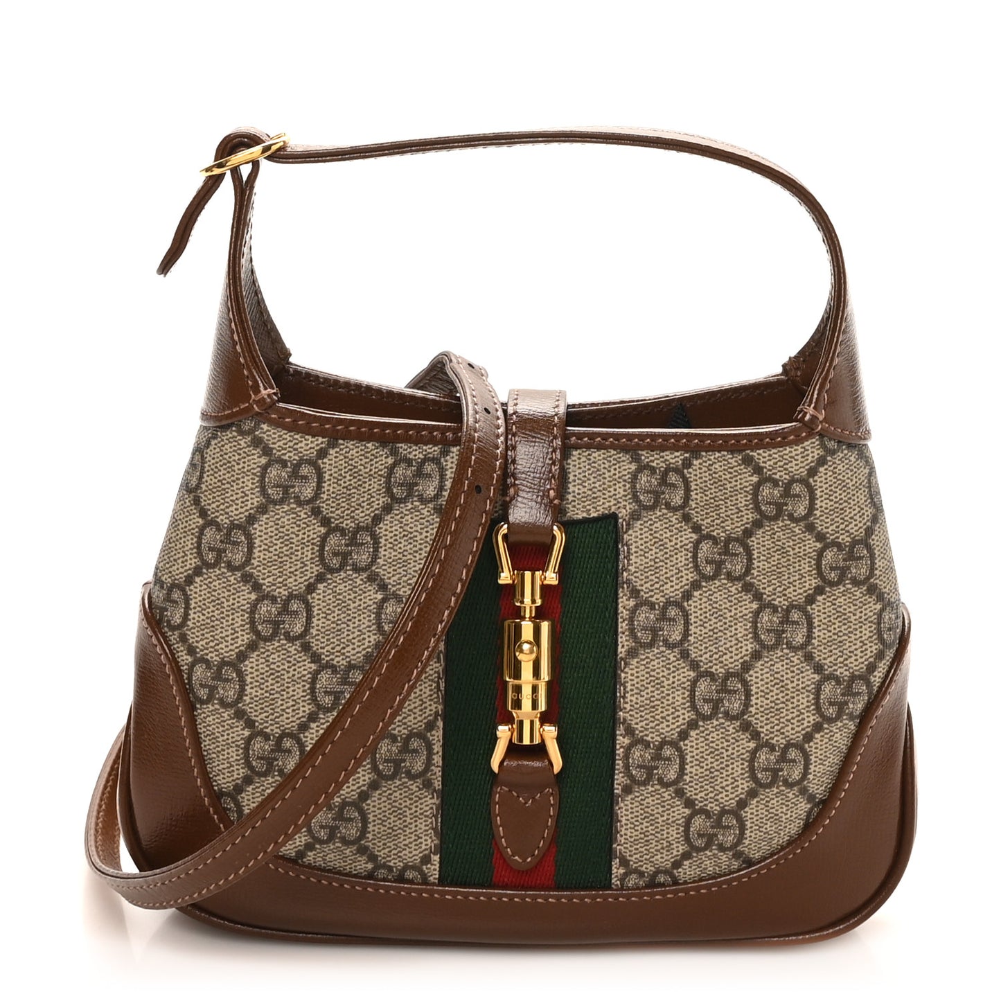 GG Supreme Monogram Azalea Calfskin Web Mini Jackie 1961 Hobo Beige Ebony Brown Sugar