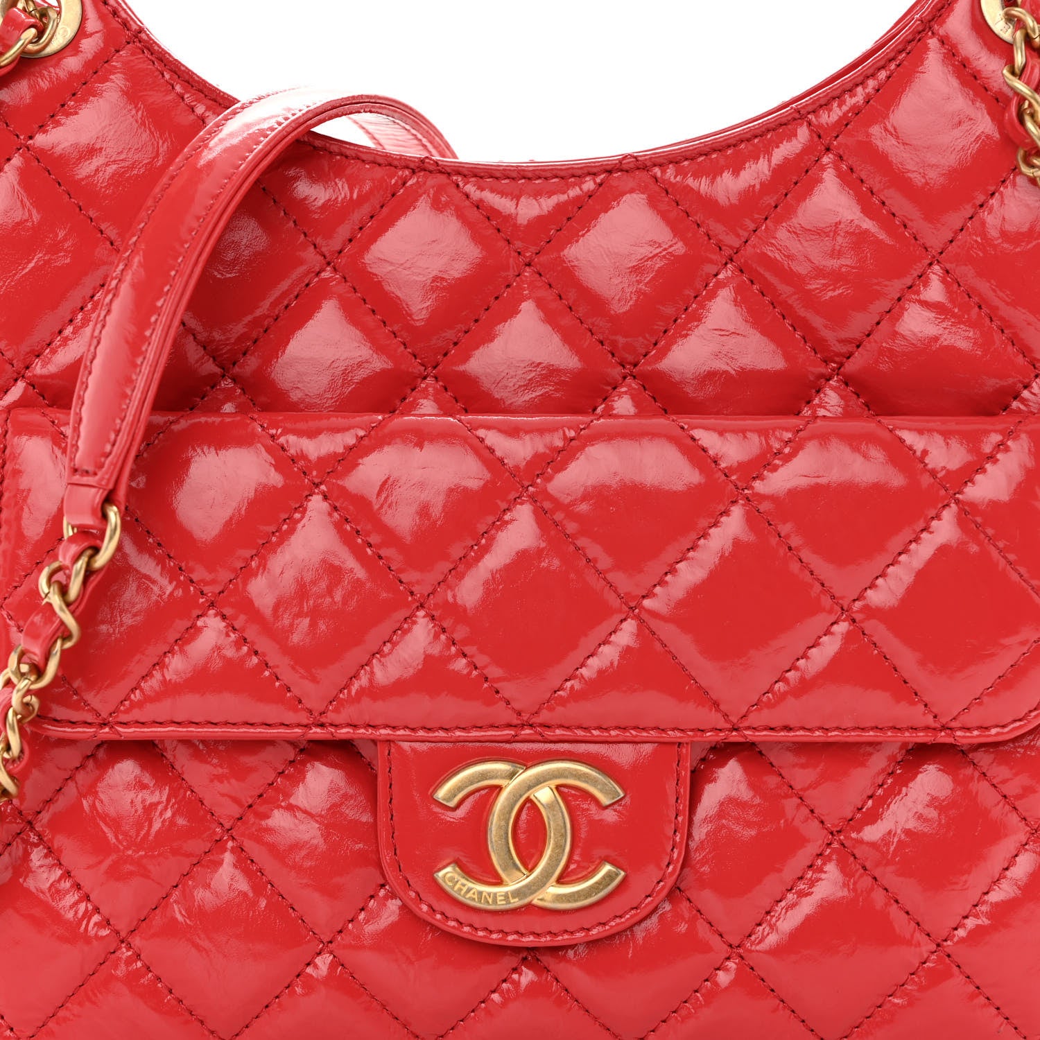 Chanel Shiny Crumpled Calfskin Quilted Wavy CC Hobo Red 7 of 9
