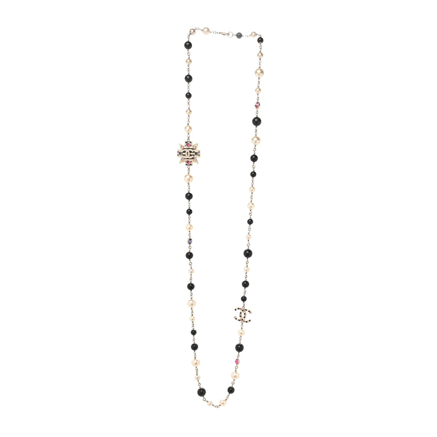 Crystal Enamel Pearl CC Bead Long Necklace Black Gold