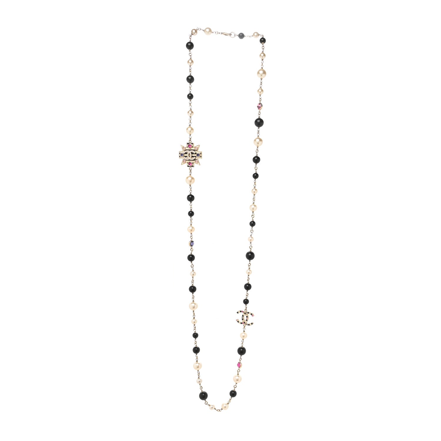 Chanel Crystal Enamel Pearl CC Bead Long Necklace Black Gold 2 of 3