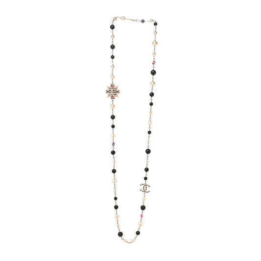Crystal Enamel Pearl CC Bead Long Necklace Black Gold