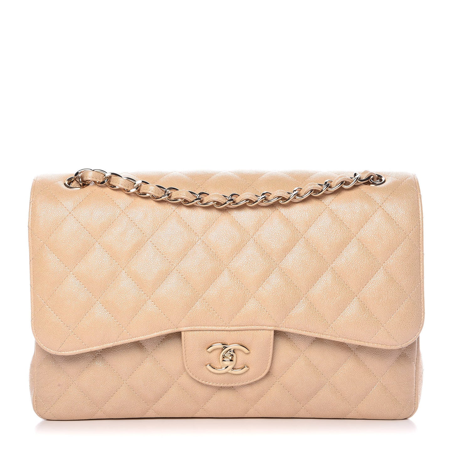 Iridescent Caviar Quilted Jumbo Double Flap Beige