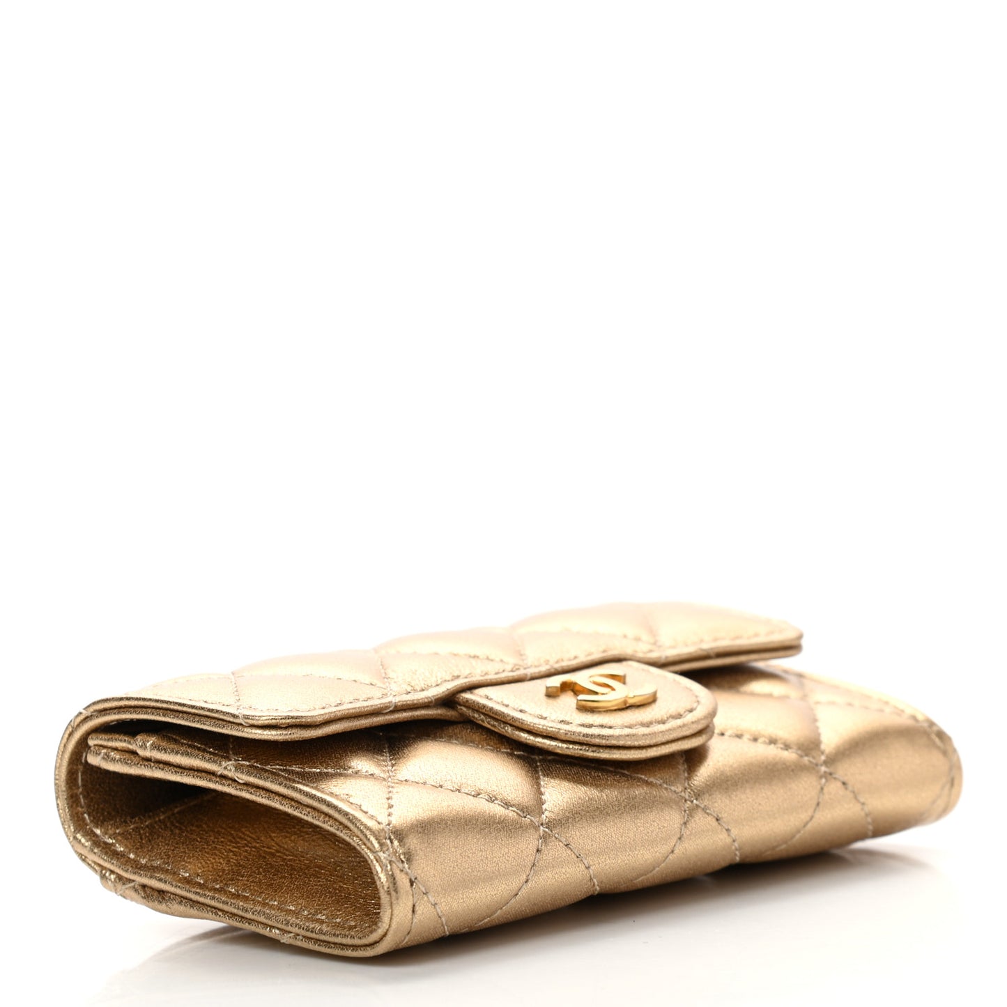 Metallic Lambskin Quilted Flap Card Holder Wallet Gold