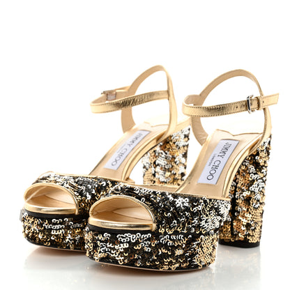 Jimmy Choo Sequin Peachy Peep Toe Platform Pumps 35 Silver Gold 3 of 7