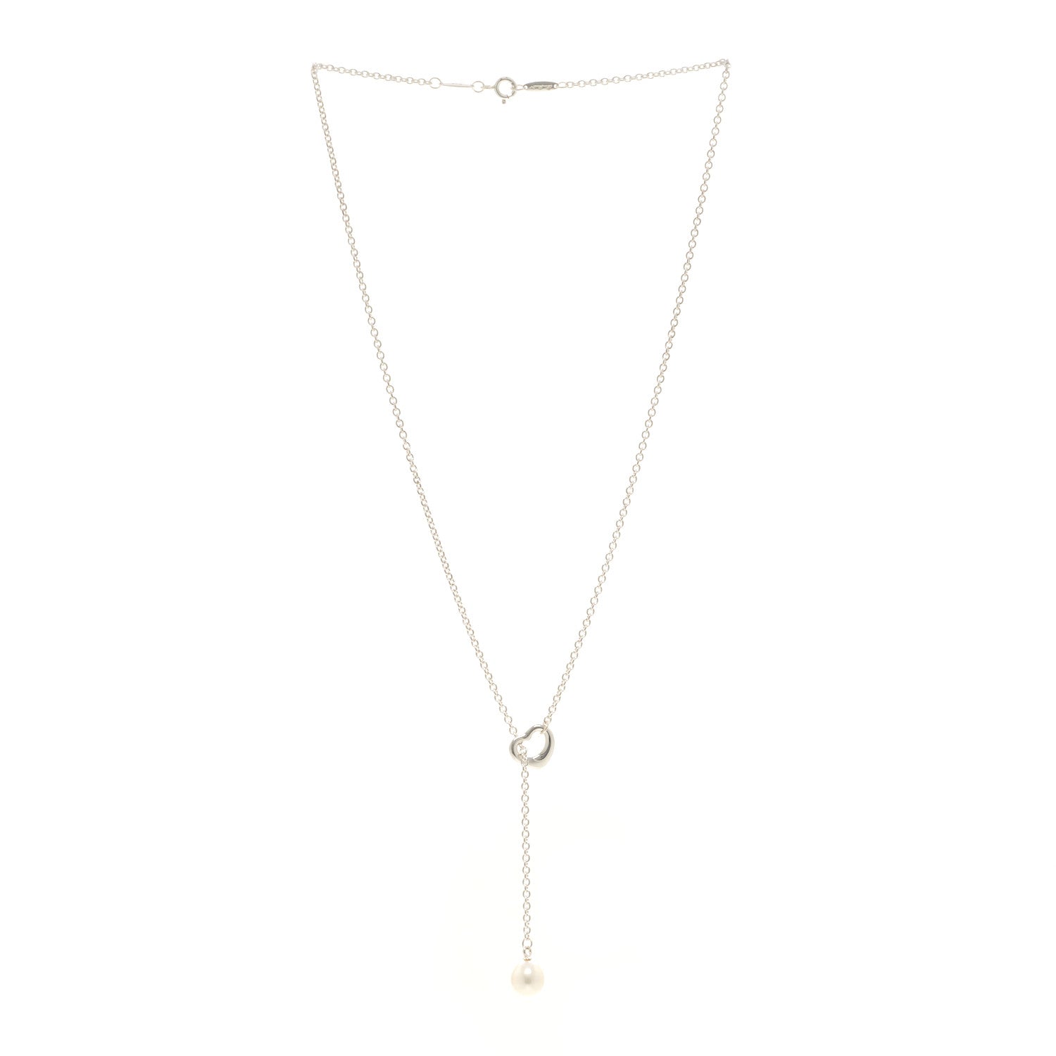 Tiffany Sterling Silver Cultured Pearl 7.5-8mm Elsa Peretti Open Heart Lariat Necklace 3 of 5
