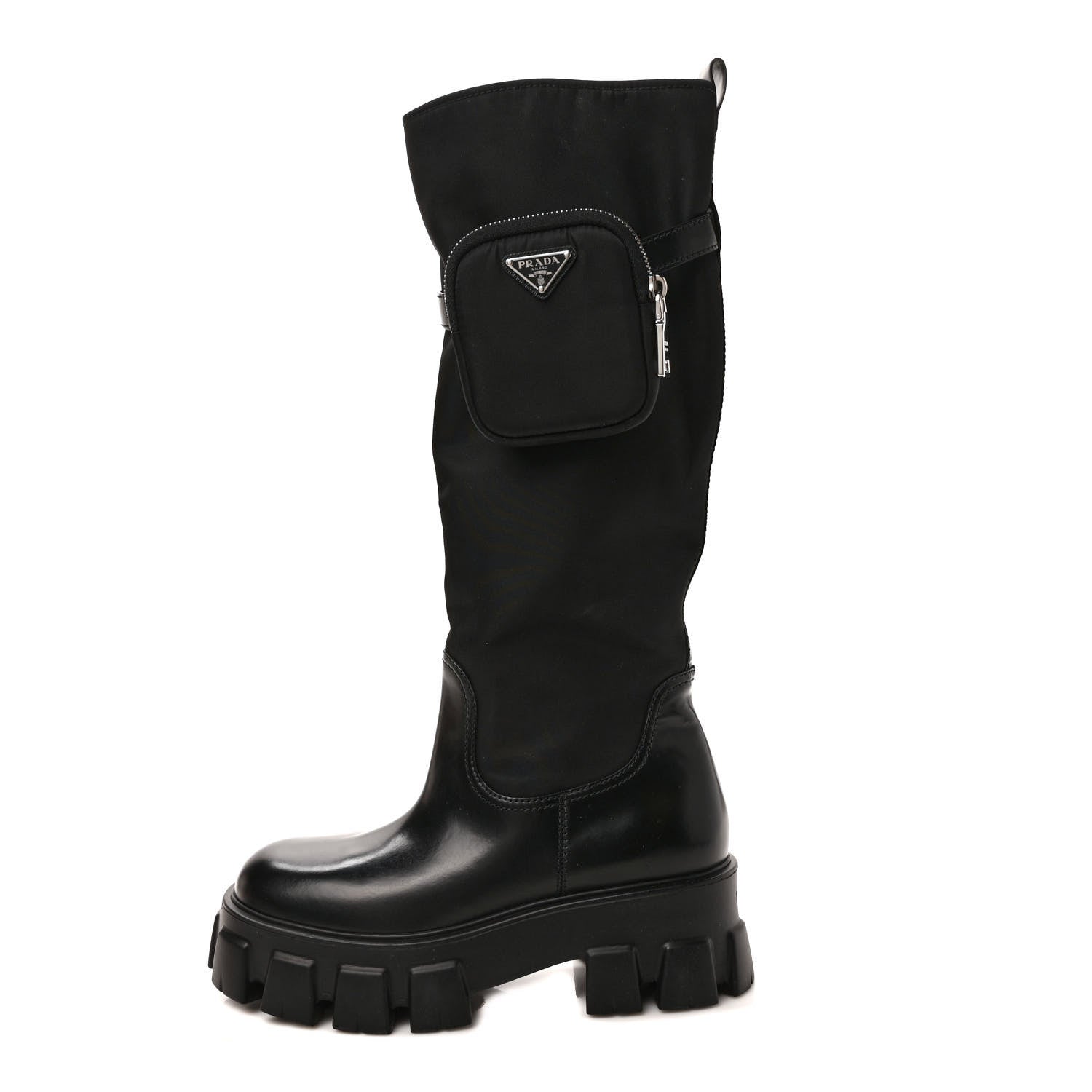 Prada Spazzolato Rois Re-Nylon Metal Triangle Logo Monolith Pouch Pocket 55mm Tall Boots 39 Black 1 of 8