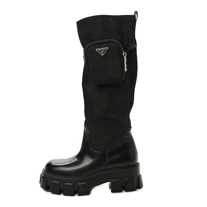 Prada Spazzolato Rois Re-Nylon Metal Triangle Logo Monolith Pouch Pocket 55mm Tall Boots 39 Black 1 of 8