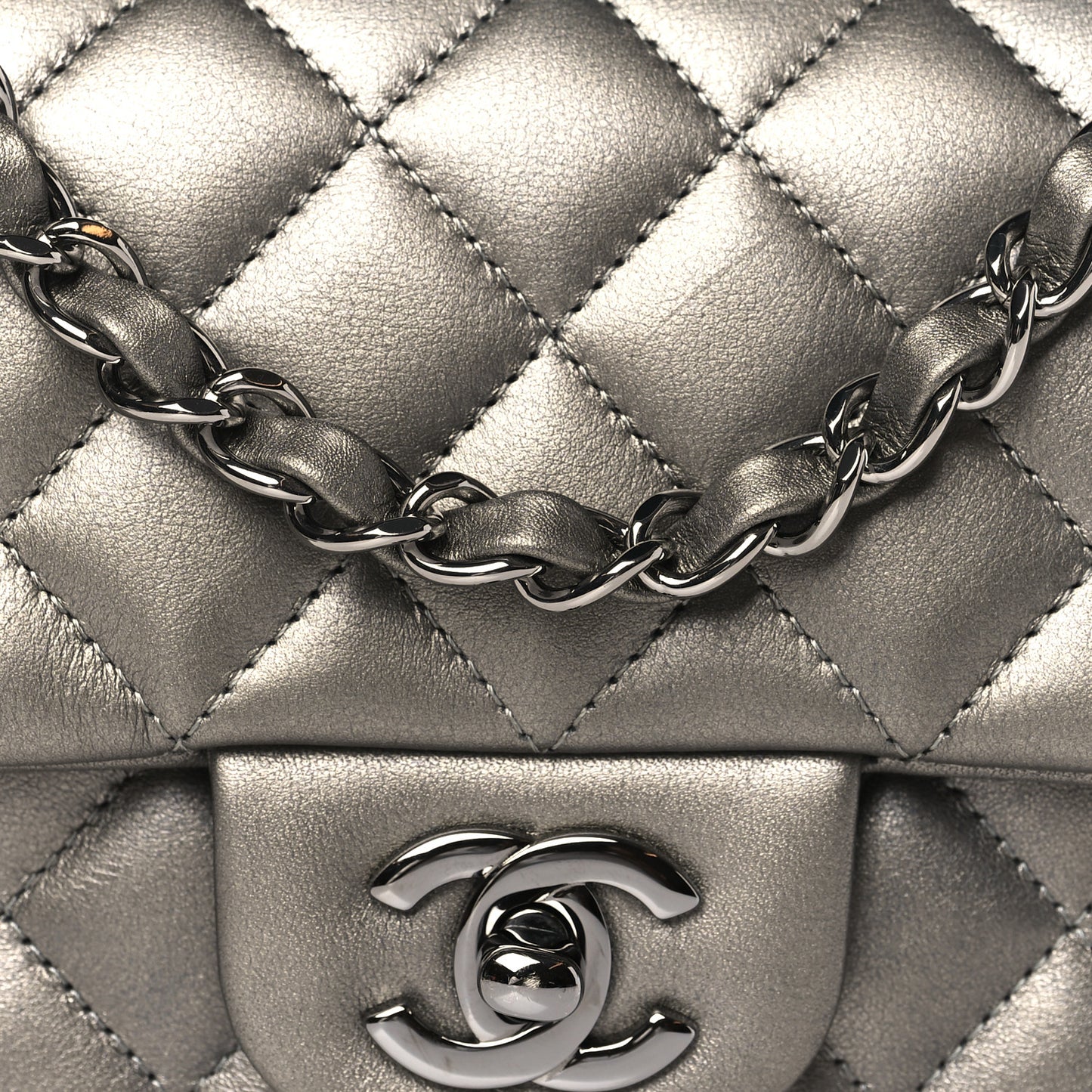 Metallic Calfskin Quilted Mini Rectangular Flap Ruthenium