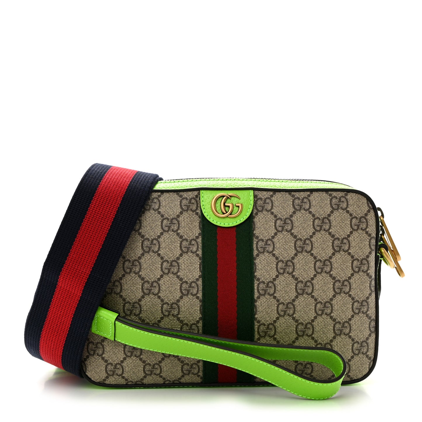 GG Supreme Monogram Textured Dollar Calfskin Web Ophidia Wristlet Shoulder Bag Beige Ebony Green