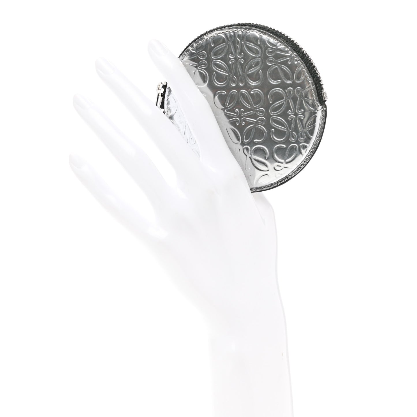 Metallic Calfskin Embossed Anagram Cookie Zip Coin Purse Silver