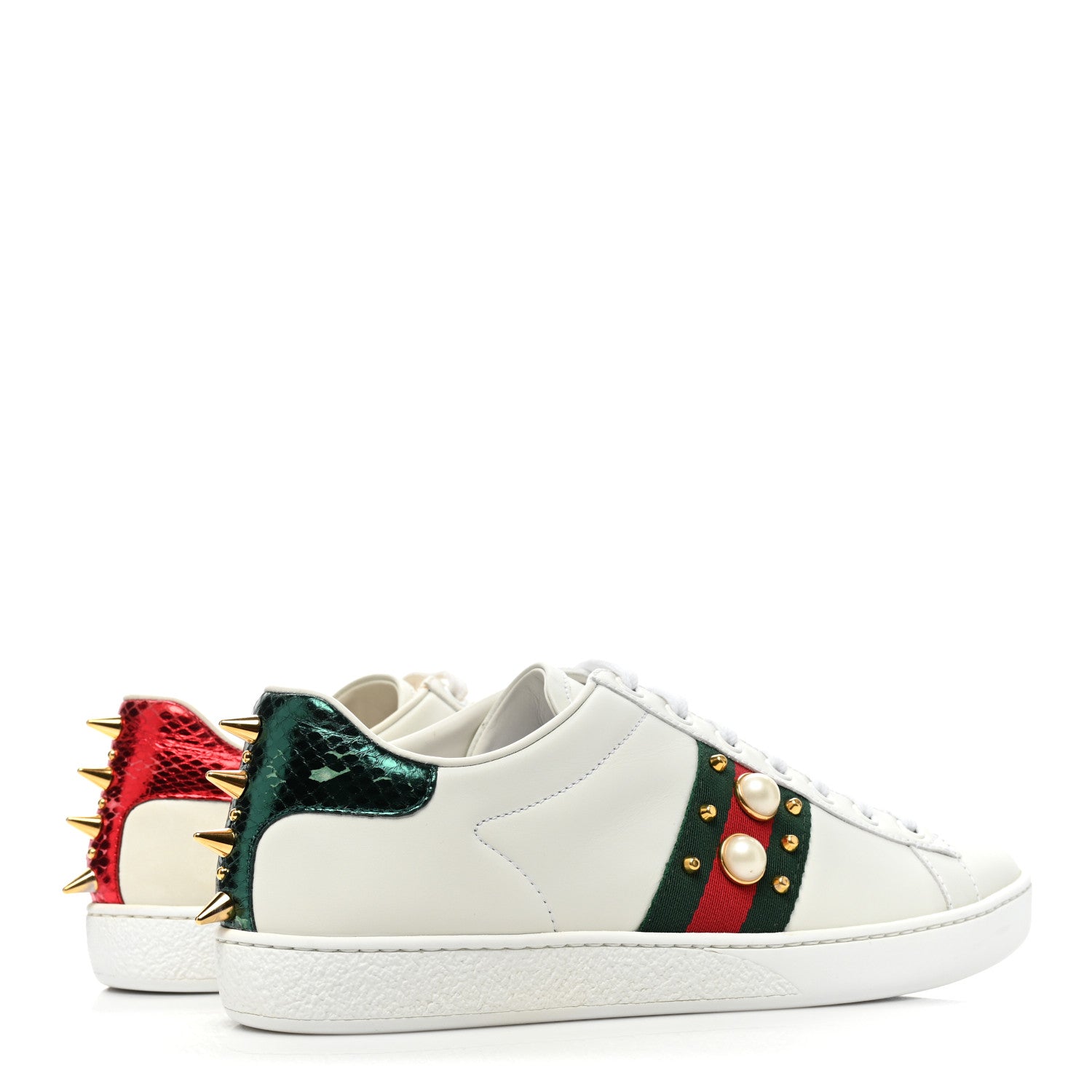 Gucci Calfskin Web Pearl Studded Womens Ace Sneakers 37.5 White 5 of 14
