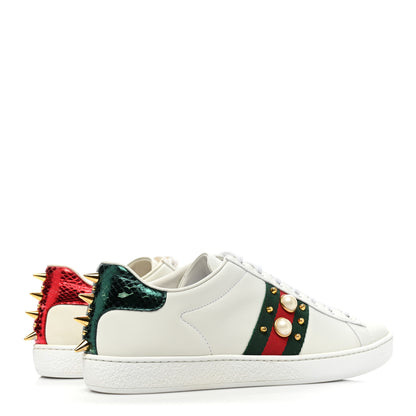 Gucci Calfskin Web Pearl Studded Womens Ace Sneakers 37.5 White 5 of 14