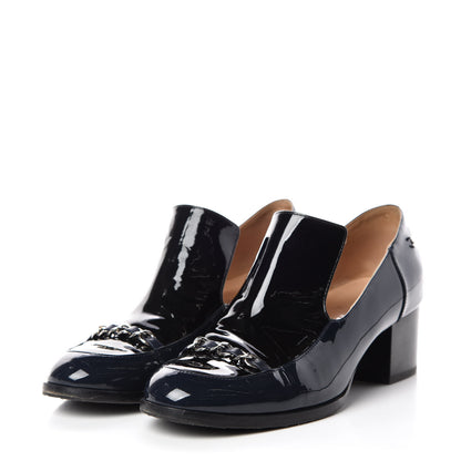 Chanel Patent Chain Loafers Pumps 38.5 Navy 3 of 14
