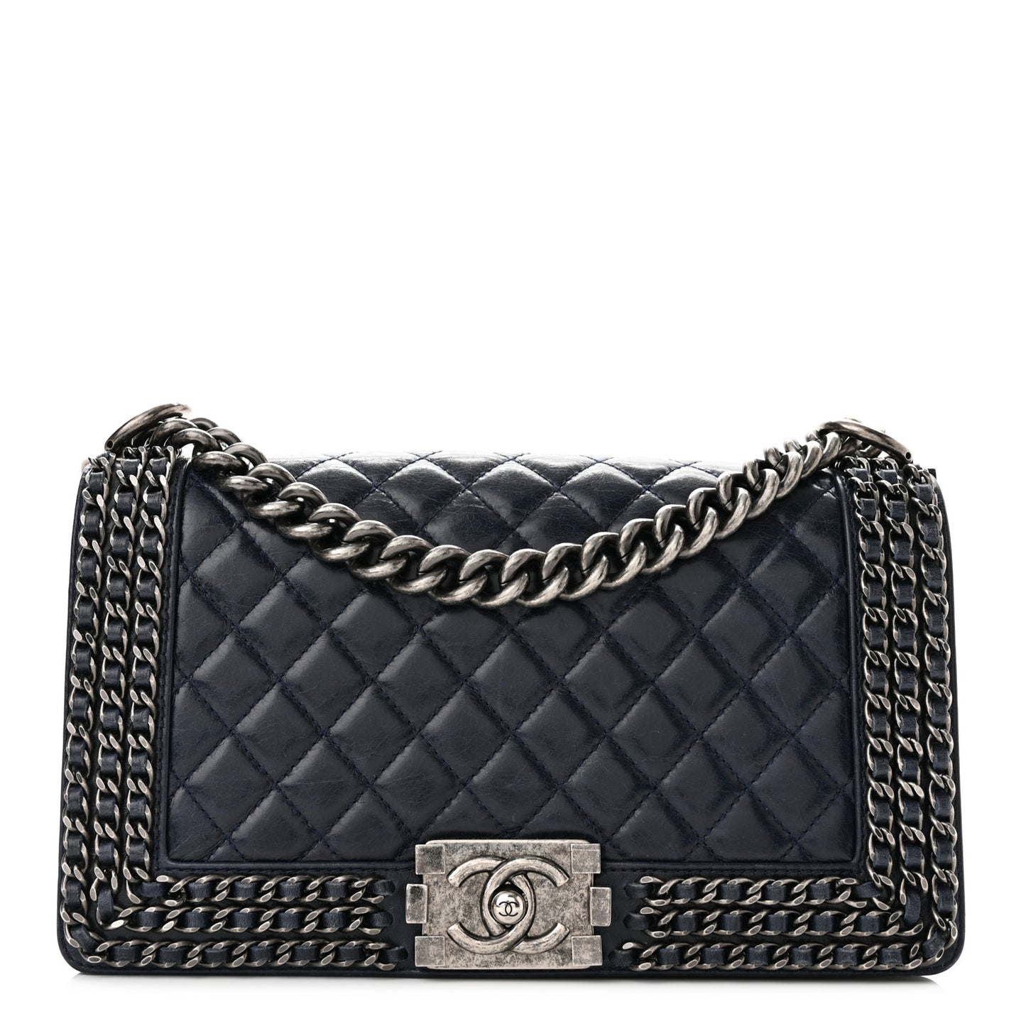 Glazed Calfskin Quilted Medium Boy Chained Flap Blue