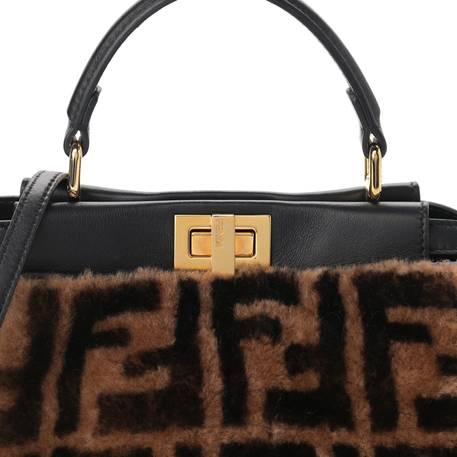 Fendi Shearling Nappa Macro FF 1974 Mini Peekaboo Iconic Satchel Tobacco Black 9 of 11