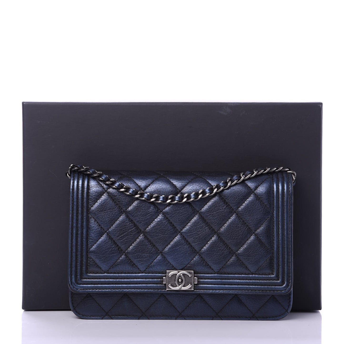 Metallic Calfskin Quilted Boy Wallet On Chain WOC Navy Blue