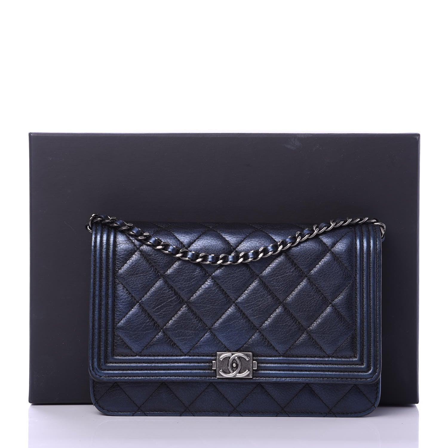 Chanel Metallic Calfskin Quilted Boy Wallet On Chain WOC Navy Blue 13 of 13