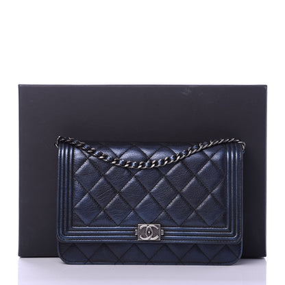 Chanel Metallic Calfskin Quilted Boy Wallet On Chain WOC Navy Blue 13 of 13