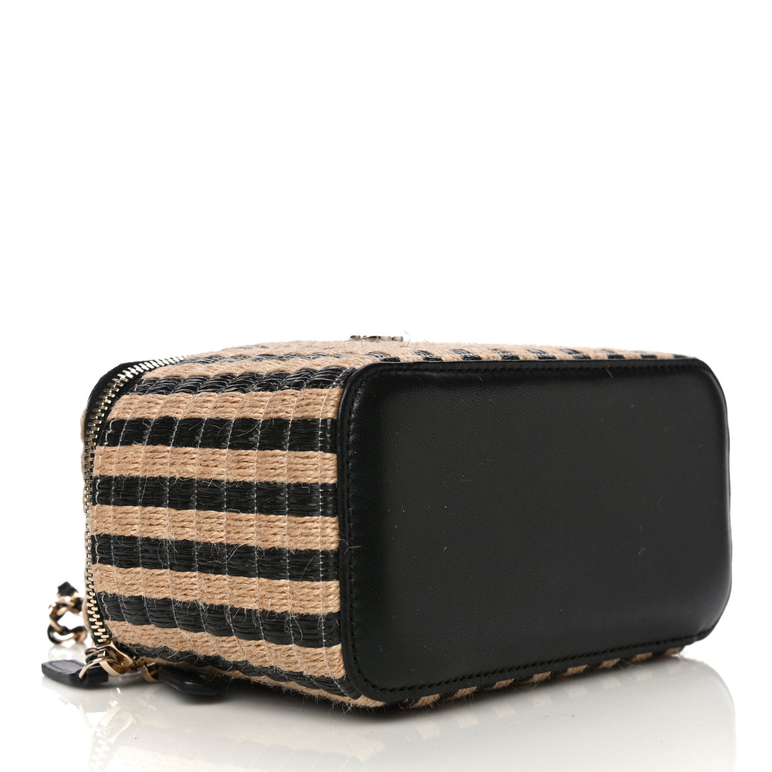 Chanel Raffia Jute Striped Small Vanity Case With Chain Black Beige 4 of 14