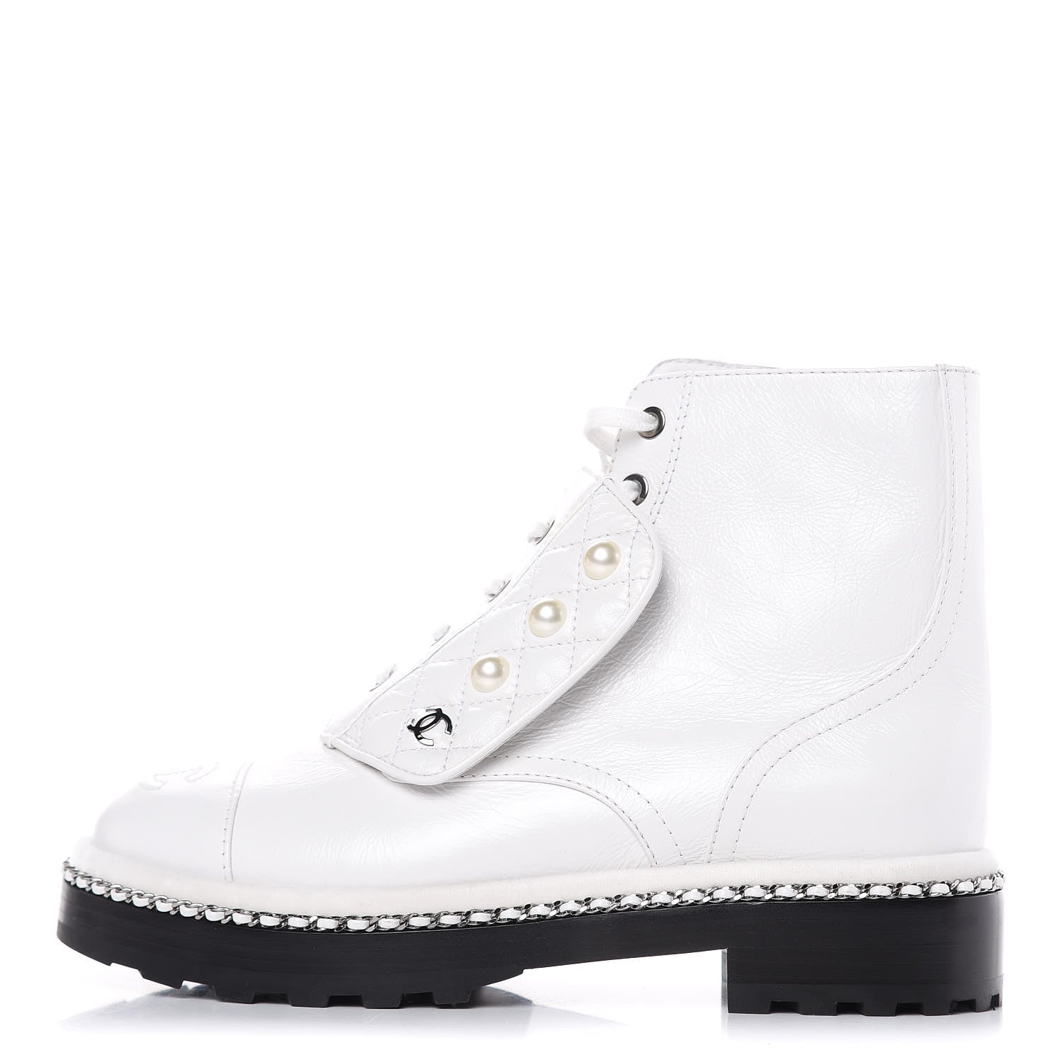 Chanel Crackled Calfskin Pearl Chain CC Combat Short Boots 36.5 White 1 of 8