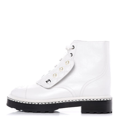 Chanel Crackled Calfskin Pearl Chain CC Combat Short Boots 36.5 White 1 of 8