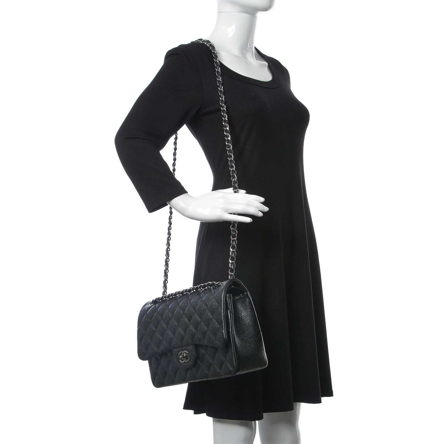 Iridescent Caviar Quilted Jumbo Double Flap Black