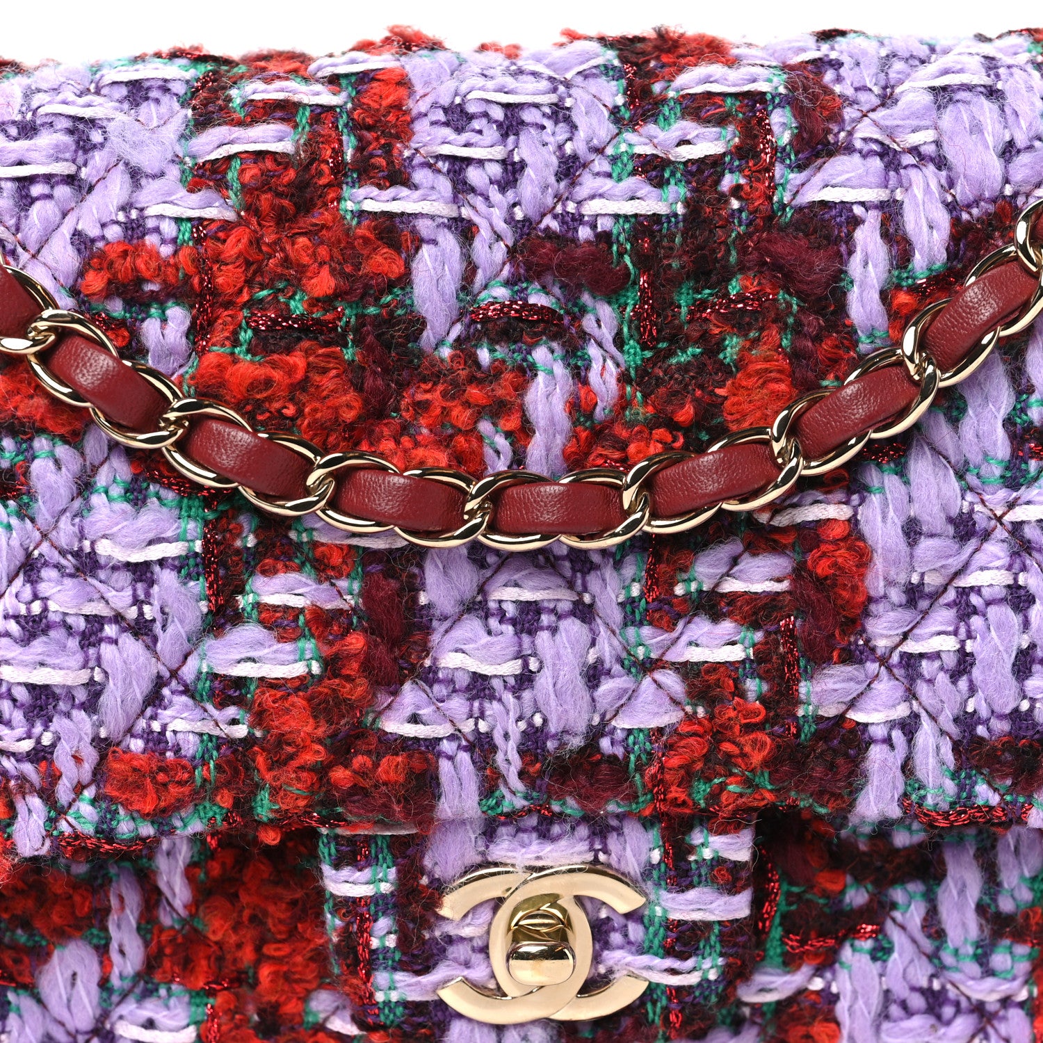 Chanel Tweed Quilted Medium Double Flap Red Purple Green 8 of 11