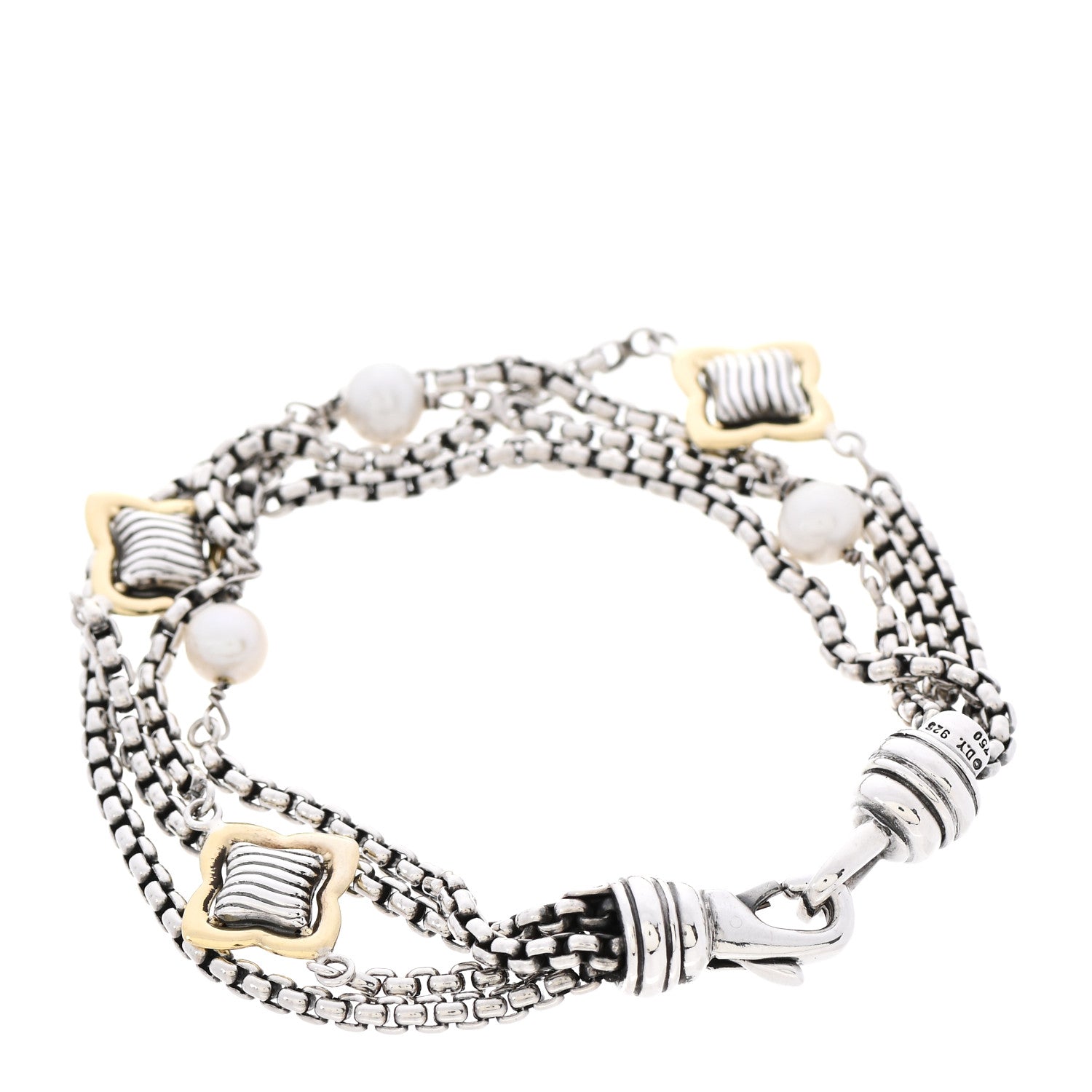 David Yurman Sterling Silver 18K Yellow Gold Pearl Multistrand Quatrefoil Bracelet 2 of 4