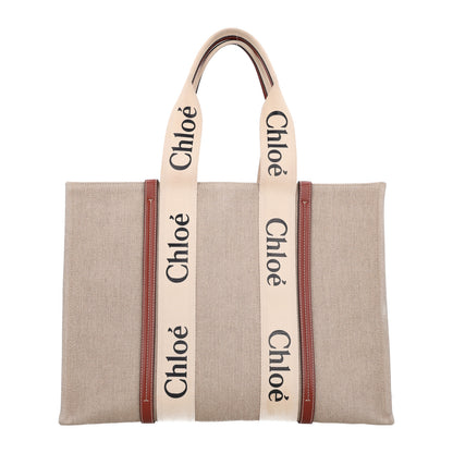 Chloe Cotton Calfskin Large Woody Ribbon Tote White Brown 1 of 9