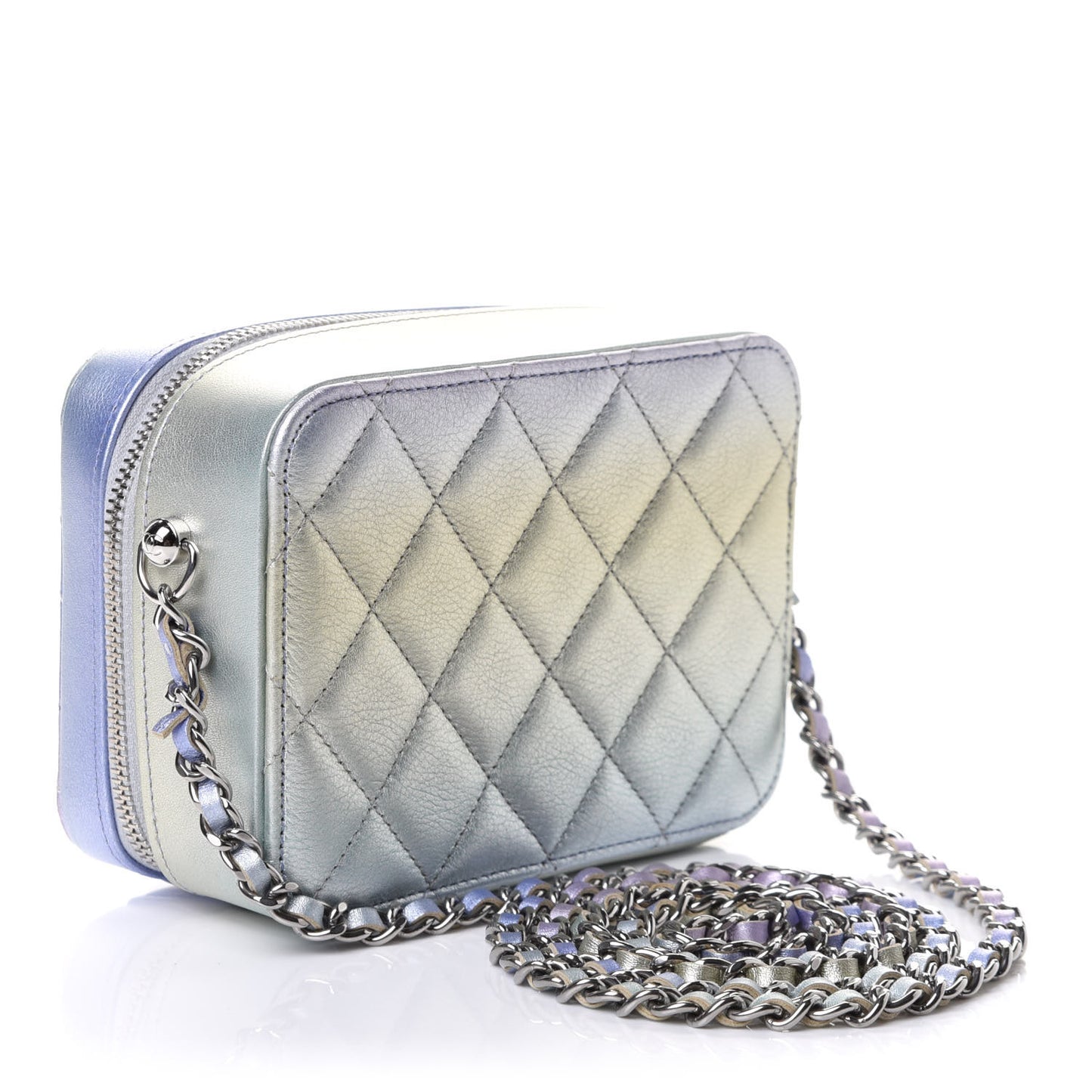 Gradient Metallic Calfskin Quilted Camera Bag Silver Blue Yellow Purple